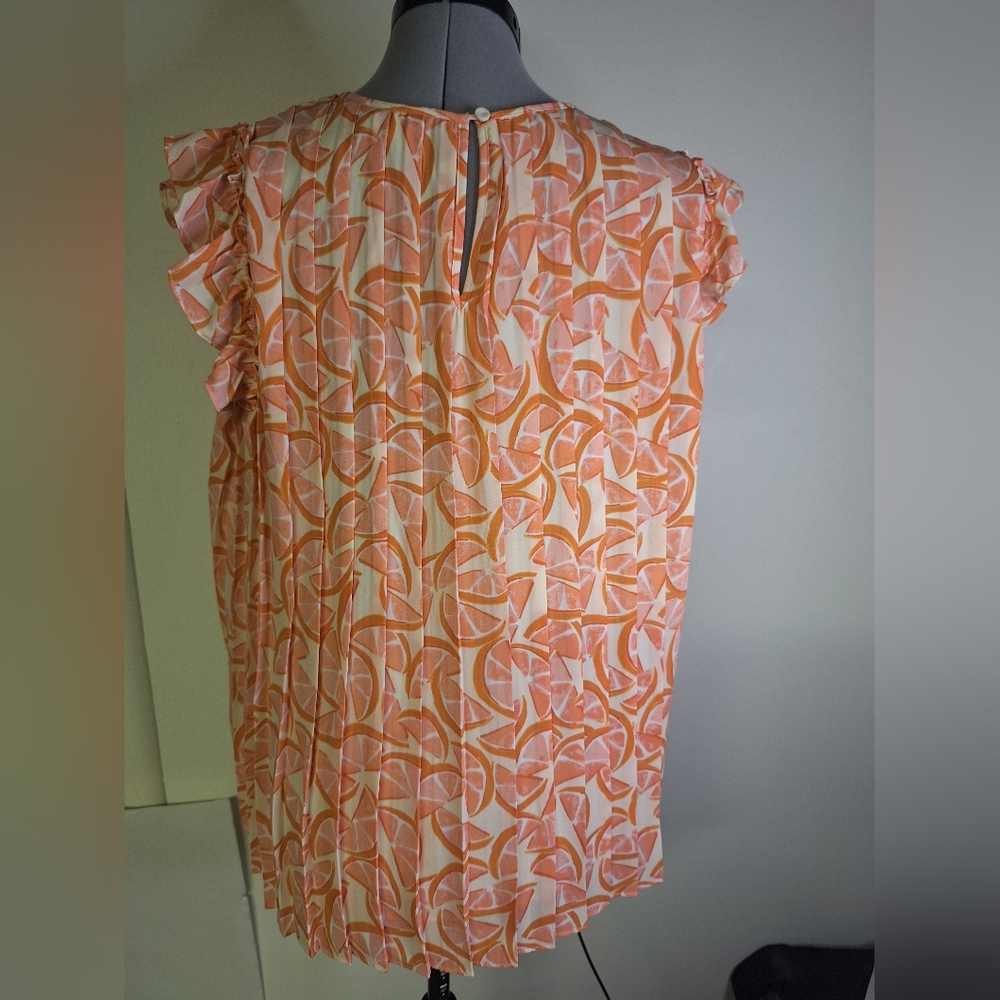 DR2 Orange Slice Pleated Front Ruffle Sleeve Blouse Size Med - Picture 4 of 8